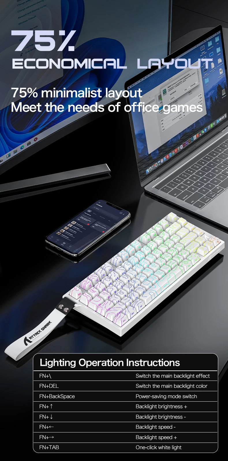 ATTACK SHARK R82HE Gaming Keyboard Magnetic 75% Wired 8000Hz Rapid Trigger ProGamer Keyboard, 0.005mm RT Accuracy, 0.08ms Latency