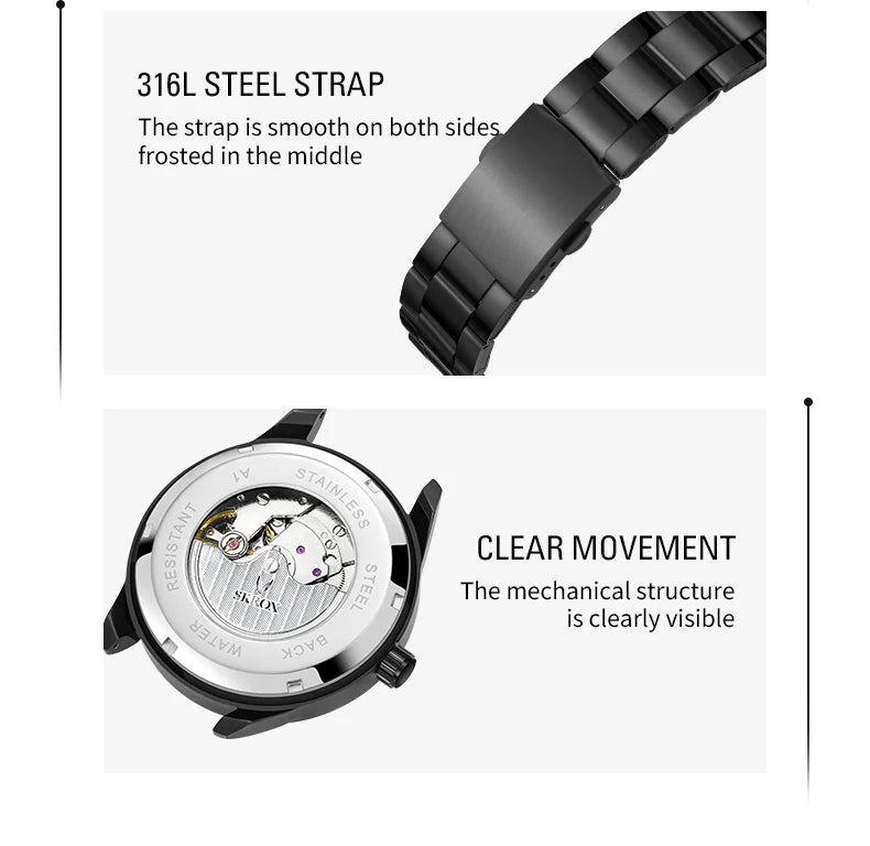 SKROX Luxury Sapphire Stainless Steel Automatic Movement Mechanical Clockwork Man Watch Military Waterproof Men's Wrist Watches