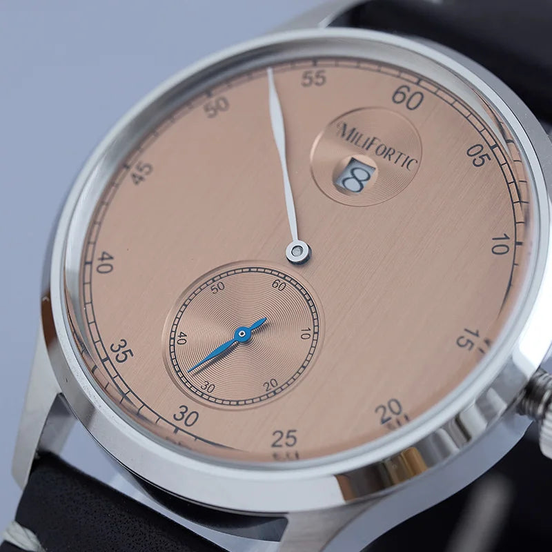 Milifortic Jumping Hour Auto R077 Vintage Small Seconds ST17 Movement Jump Hour Salmon Dial Men Watches