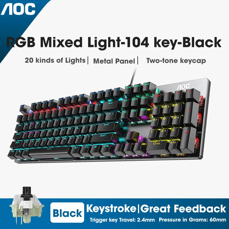 GK410 104 Keys Metal Panel Mechanical Keyboard RGB Light Green Black Tea Axis Esports Full Non-Impact Game Computer Keyboard