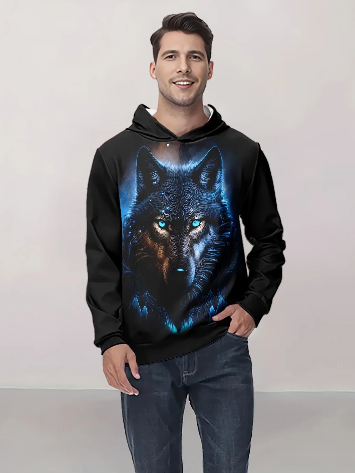 Camisola desportiva com capuz para homem, moda outono 2025, macia e confortável, com estampado de lobo, para exterior e estilo urbano