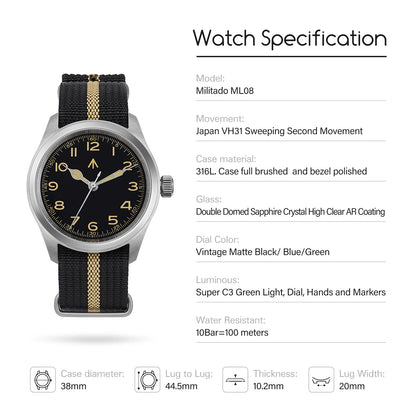 Militado ML08 Quartz Watch VH31 Movement Double Domed Sapphire Crystal Wristwatch Super C3 Green Luminous 38mm Vintage Watches