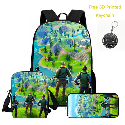 Conjunto de mochila infantil 3 peças, mala a tiracolo e estojo, mala FORTNITE com desenhos, leve para meninos e meninas dos 5 aos 10 anos, porta-chaves 3D impresso grátis