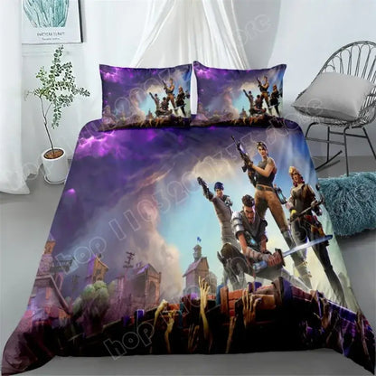 Set de lenjerie de pat Fortnite, 3 piese, imprimare 3D, lenjerii pentru dormitor, joc, desen animat, lenjerie decorativă, husă de pilotă, față de pernă, cadou de ziua de naștere