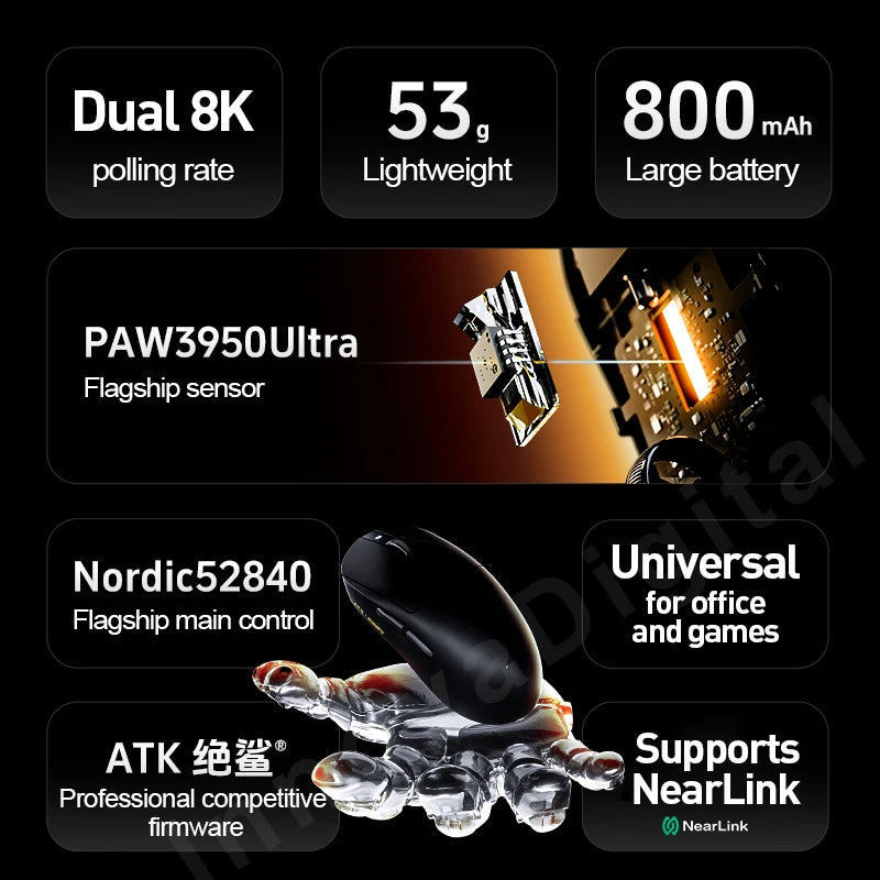 ATK Dragonfly A9 Ultra Wireless Gaming Mouse PAW3950, Tri-Mode 8K Gaming Mouse, Ultra-Lightweight Ergonomic Esports Mouse for FPS Gaming