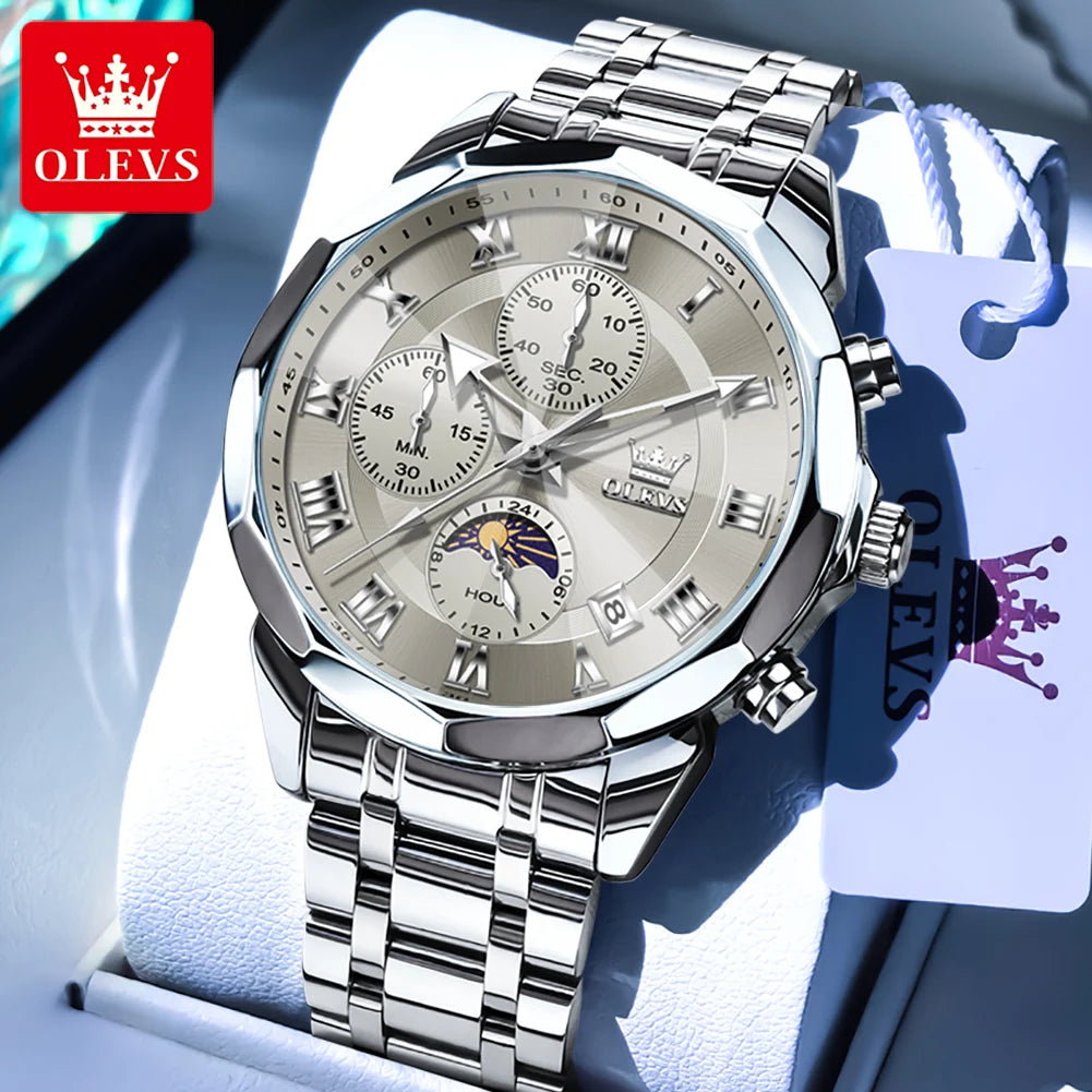 OLEVS 3675 Mens Watch Original Multifunctional Chronograph Quartz Watch Moon Phase Watches For Men Waterproof Mens Gifts Reloj