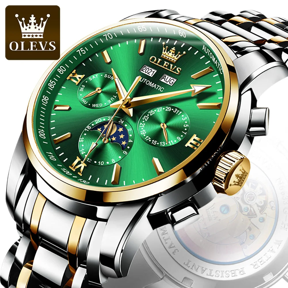 OLEVS 6633 Luxury Men's Watches Automatic Green Watch Men Stainless Steel Waterproof Business Sport Mechanical Wristwatch 6633