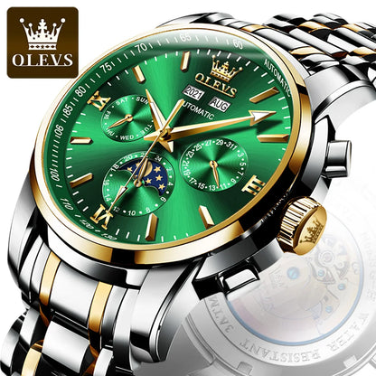 OLEVS 6633 Luxury Men's Watches Automatic Green Watch Men Stainless Steel Waterproof Business Sport Mechanical Wristwatch 6633