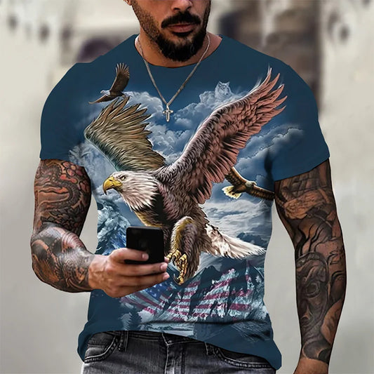 T-shirt para Homem com Águia Divertida Estampada em 3D, T-shirts com Padrão Animal Cool, Verão Harajuku, Corte Largo, Gola Redonda, Manga Curta, T-shirts para Criança
