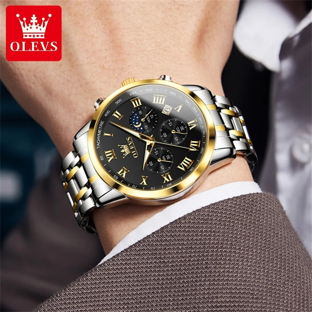 Relógio de Homem OLEVS 5529 de Marca Top Luxury, Impermeável, Luminoso, em Aço Inoxidável, com Fase Lunar e Código de Temporização, Novo Relógio de Quartzo para Homem