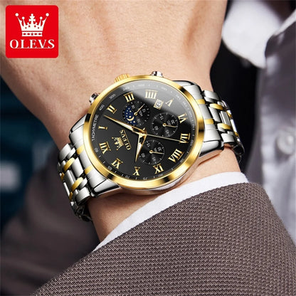 Relógio de Homem OLEVS 5529 de Marca Top Luxury, Impermeável, Luminoso, em Aço Inoxidável, com Fase Lunar e Código de Temporização, Novo Relógio de Quartzo para Homem