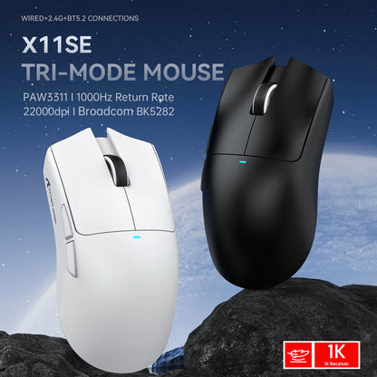 Безжична геймърска мишка ATTACK SHARK X11SE, Tri-Mode, суперлека 63g със сензор PAW3311, 22000 DPI, батерия 300mAh, двоен драйвер