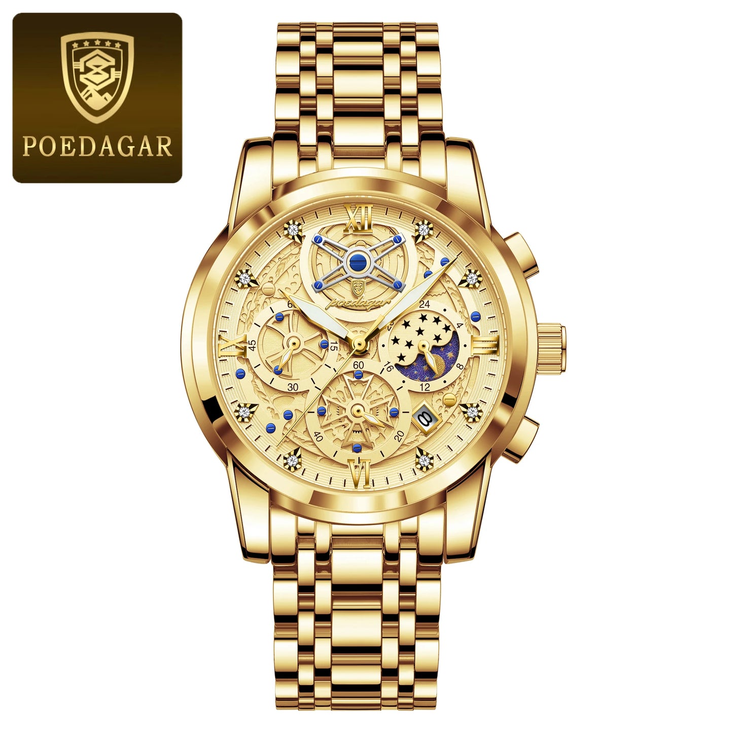POEDAGAR Top Fashion Men's Watches Stainless Steel Date Chronograph Business Quartz Men Wristwatch Waterproof Luminous Man Watch