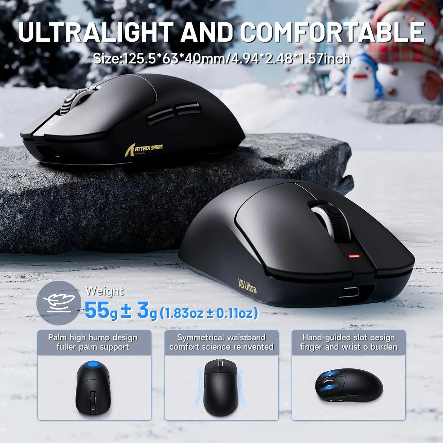 ATTACK SHARK X8 Ultra 8KHz Wireless Gaming Mouse, 55g Superlight Gaming Mouse, PAW3950MAX Sensor, 42,000 DPI, Tri-Mode Bluetooth & USB Gaming Mouse