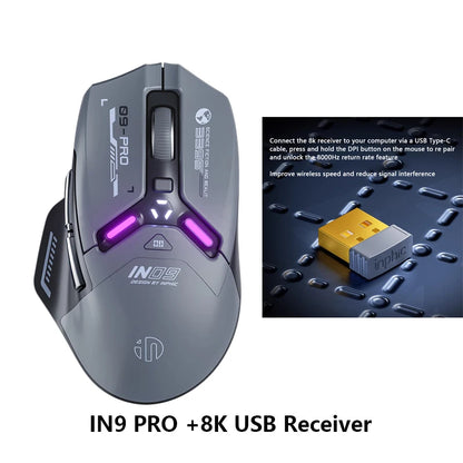 Mouse da gaming wireless Inphic IN9PRO 26000DPI 8K Polling Rate Bluetooth 5.0 cablato 2.4G tri-mode RGB ergonomico