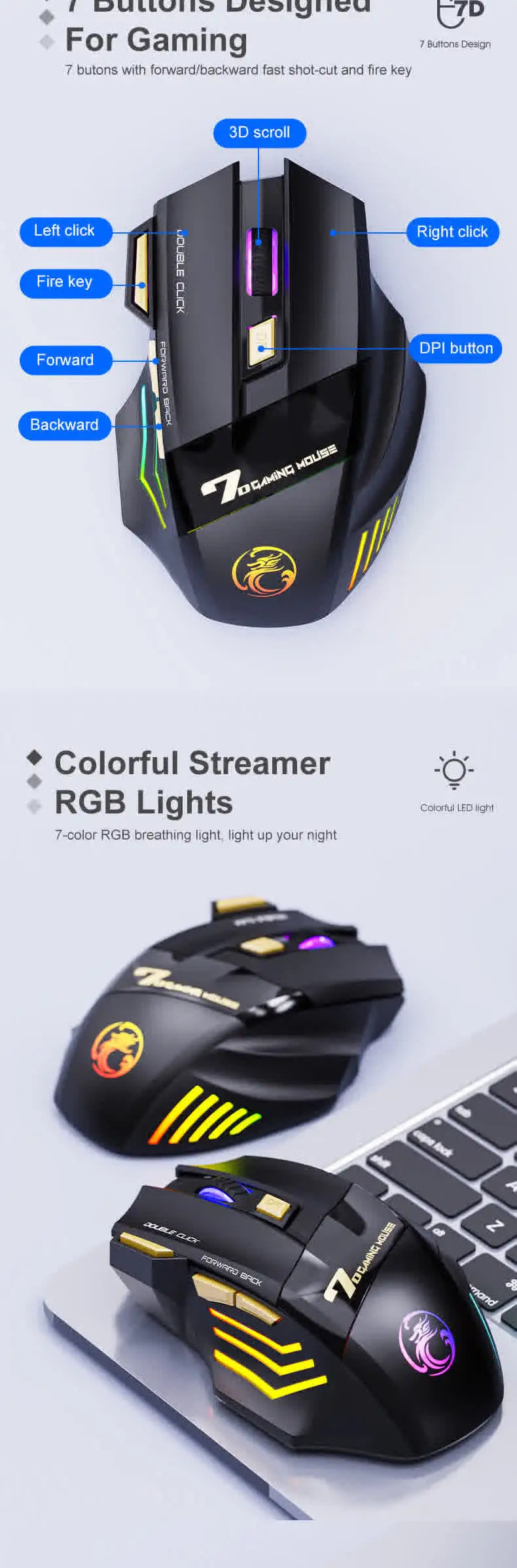 Rato Sem Fios Bluetooth Recarregável para Computador, Rato Gamer Ergonómico com Retroiluminação RGB, Silencioso, para PC