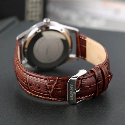 BERNY Men's Watch Quartz Day Top Calendar Wristwatch Waterproof Blued Steel Hands Arabic Numerals Easy Read Relogio Masculino