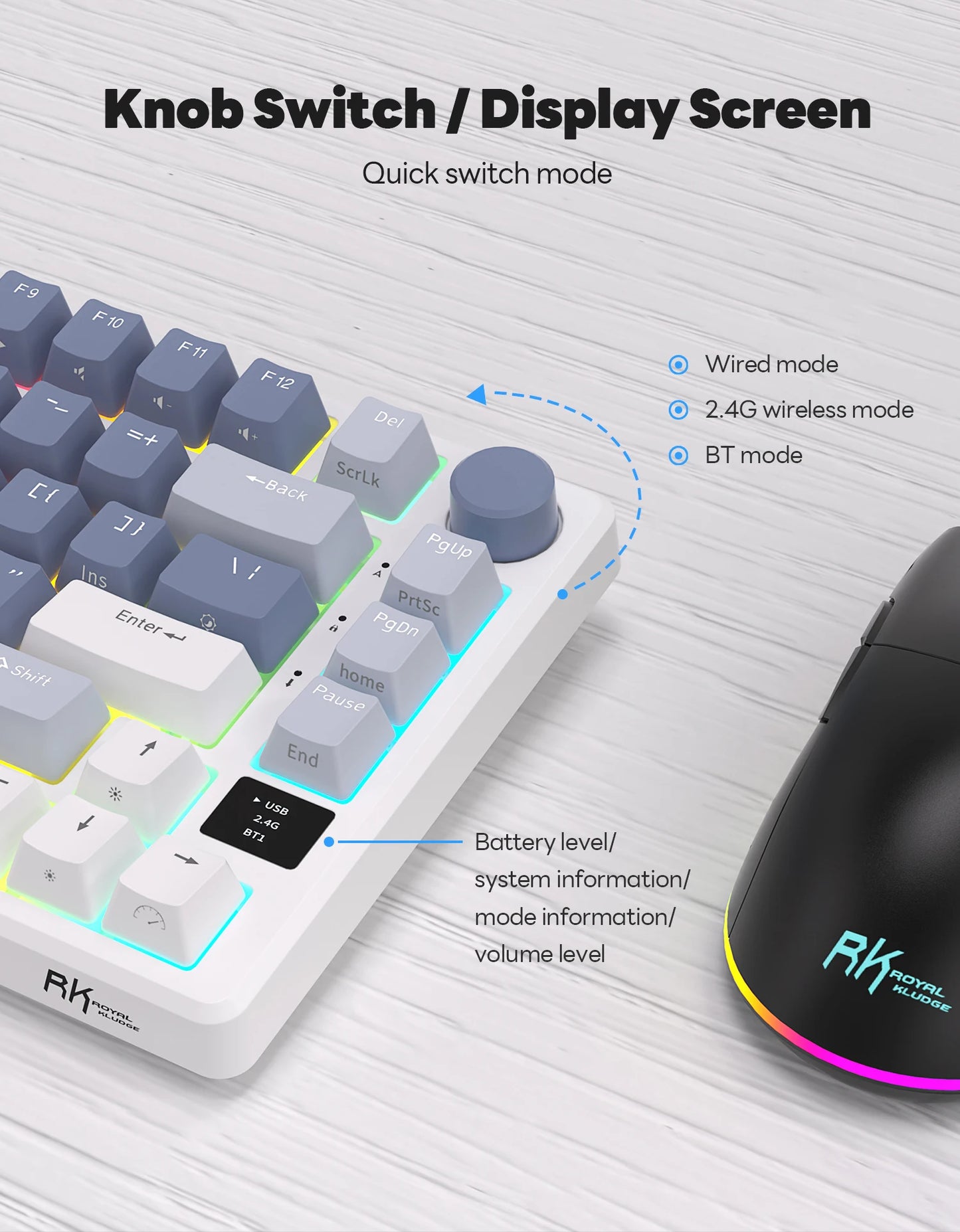 RK ROYAL KLUDGE M75 2.4G Wireless/Bluetooth/USB-C Mechanical Keyboard 81 Keys RGB Hot-Swappable Gasket Gamer Keyboard with Screen