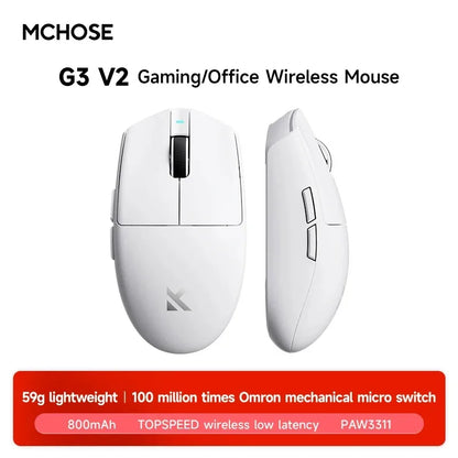 Rato sem fios eSports MCHOSE G3 V2 Pro leve, três modos, Bluetooth, PAW3395 de alto desempenho, 800mAh, gaming e escritório, 59g