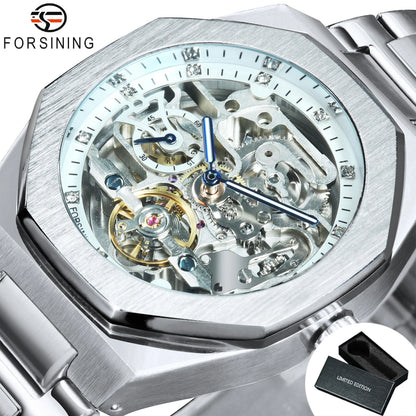 Forsining Tourbillon Skeleton Mechanical Watch for Men Luminous Hands Stainless Steel Strap Fashion Business Automatic Watches