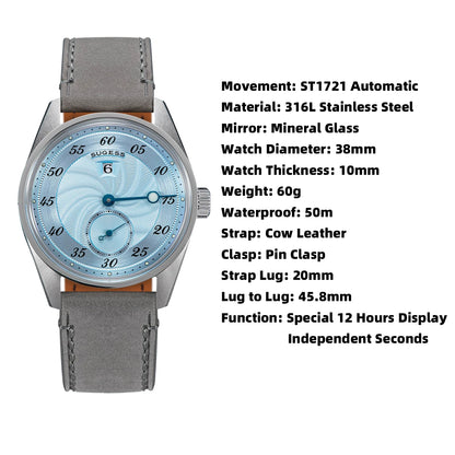 Sugess Watch of Men Automatic Mechanical Wristwatches ST1721 Movement Luminous Simple Fashion Clock Waterproof Glass S451 New