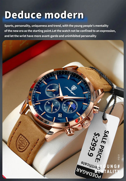 POEDAGAR Sports Luxury Men Quartz Watch Waterproof Chronograph Luminous Date Man Wristwatch Business Leather Men's Watches Clock