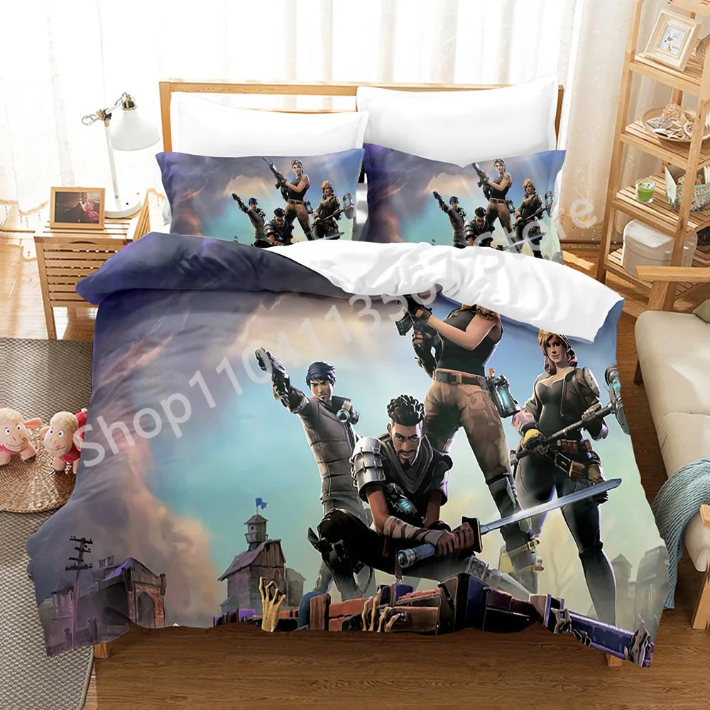 Conjunto de Cama Battle Royale F-Fortnite 3 Peças para Crianças, Capa de Edredão, Colcha e Fronha, Tamanho Duplo, Decoração de Quarto Victory Game