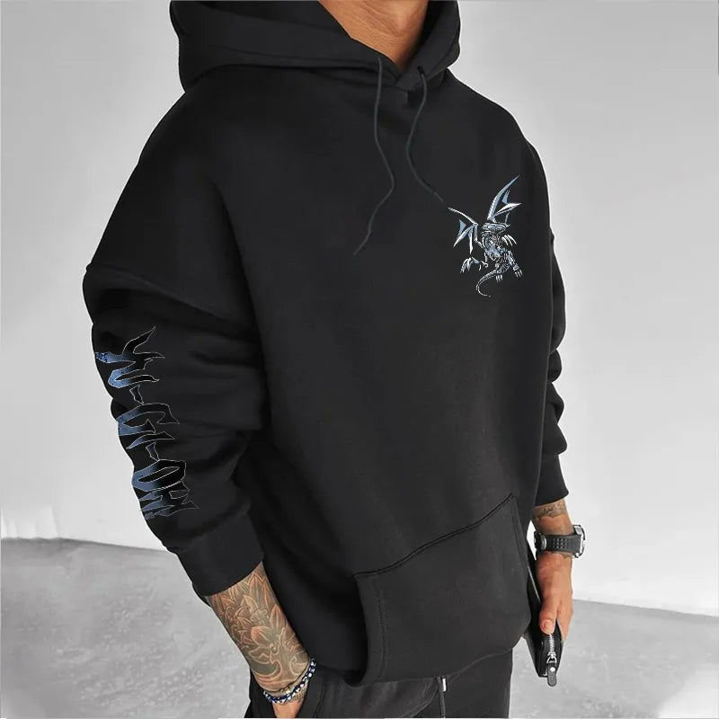 Klassisk anime Yu-Gi-Oh-karaktär Blue-Eyes White Dragon tryckt tjock och vid hoodie för män, höst/vinter, Y2K Halloween COS