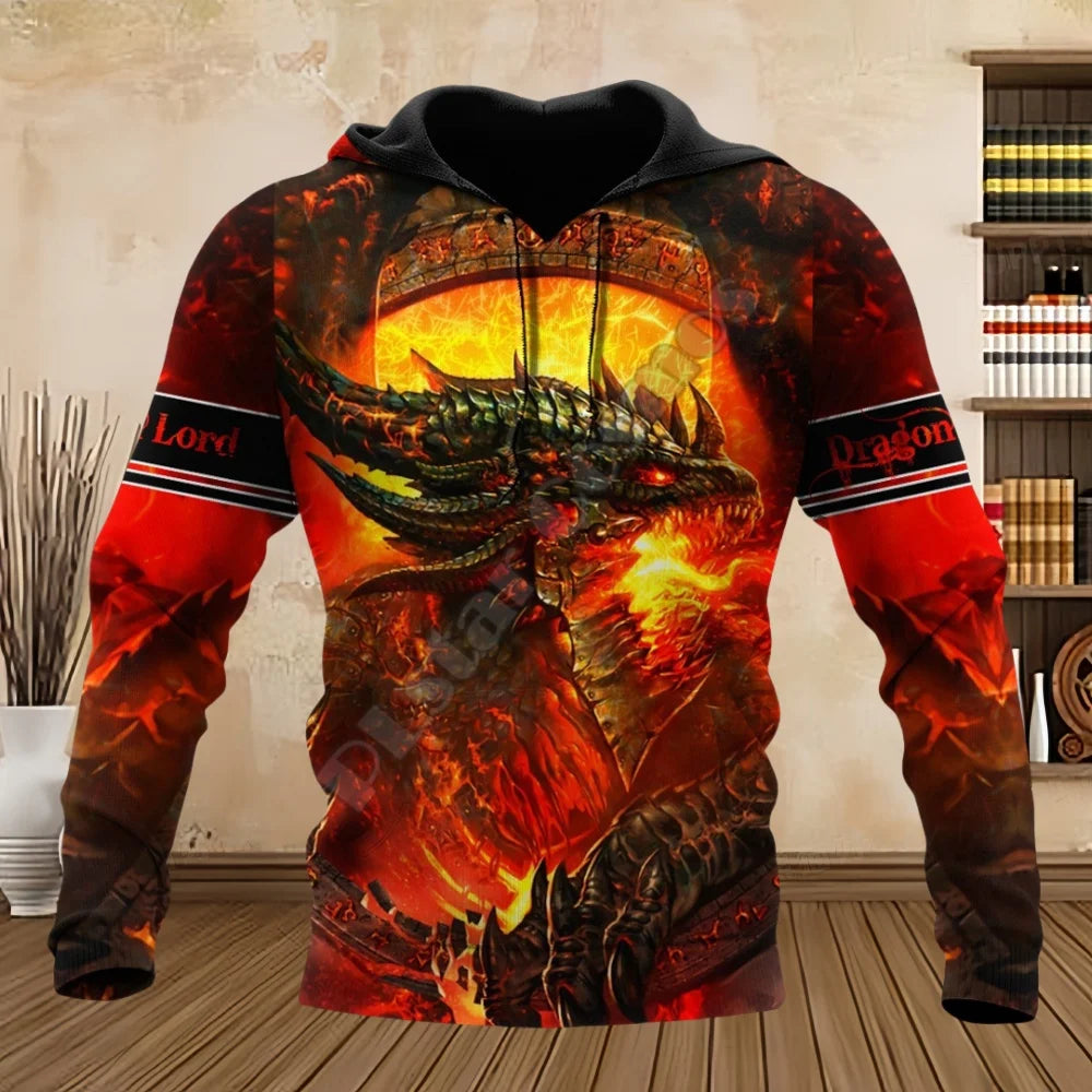 Sweatshirts com Dragão Tatuado, Estampado 3D, para Primavera e Outono, Hoodies com Capuz para Homem, Manga Comprida, Unissexo, Streetwear Casual para Homem