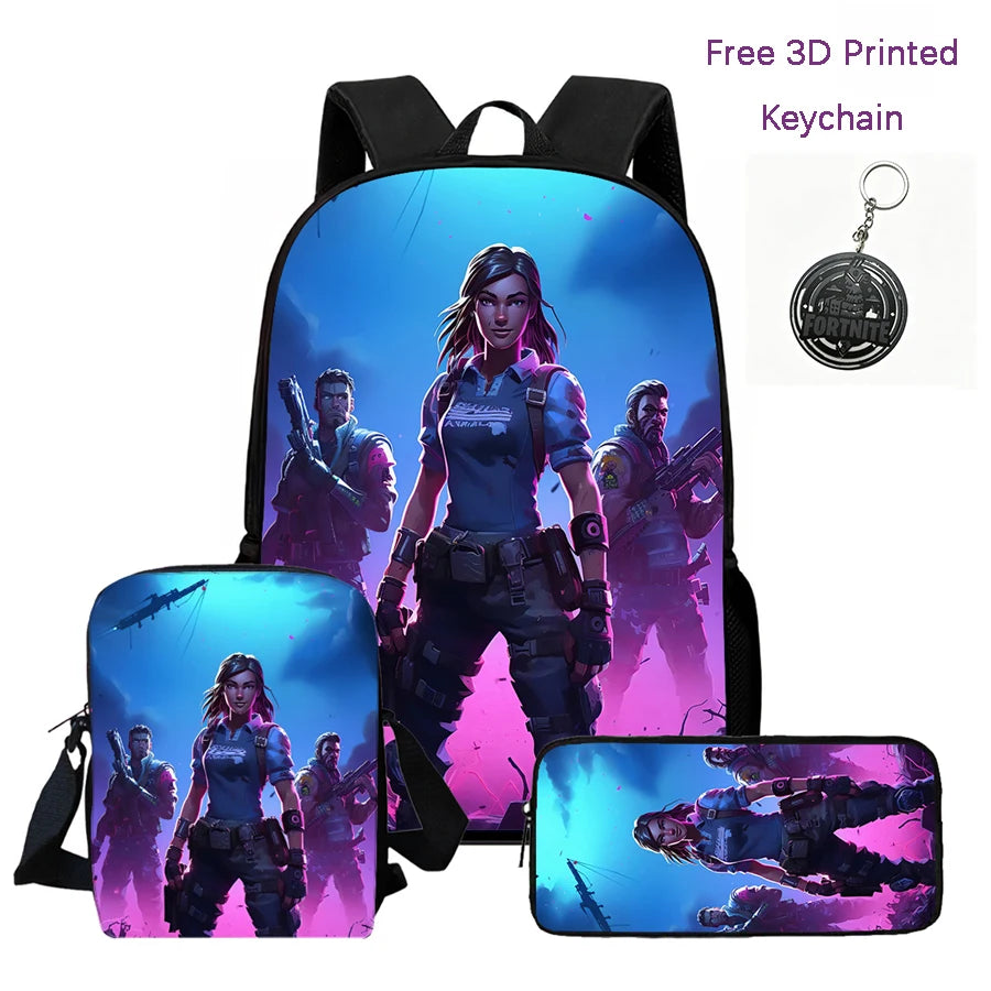 3Pcs Kids Backpack Set, Crossbody & Pencil Bag, FORTNITE Cartoon Bag, Lightweight for Boys Girls 6-10, Free 3D Printed Keychain