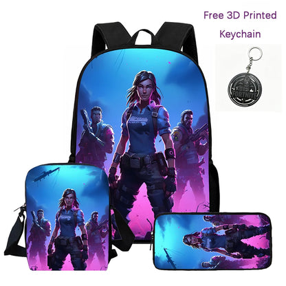 3Pcs Kids Backpack Set, Crossbody & Pencil Bag, FORTNITE Cartoon Bag, Lightweight for Boys Girls 6-10, Free 3D Printed Keychain