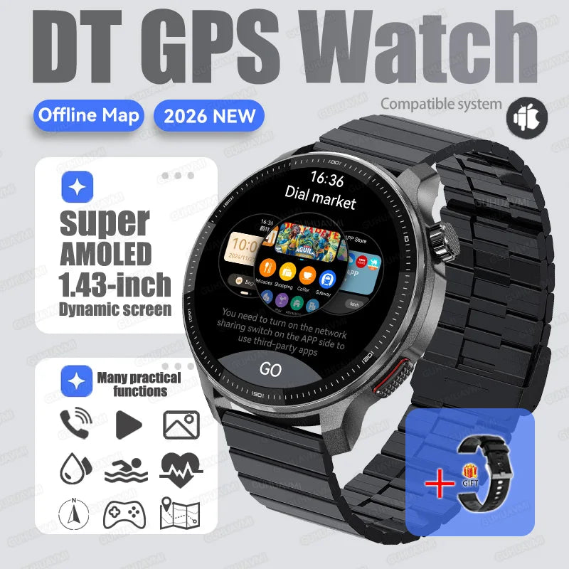 New GPS Offline Maps Smart Watch Men Memory 3D Menu Styles TWS MP3&MP4 Player 1.43"AMOLED Compass Sport Swim Waterproof Bracelet