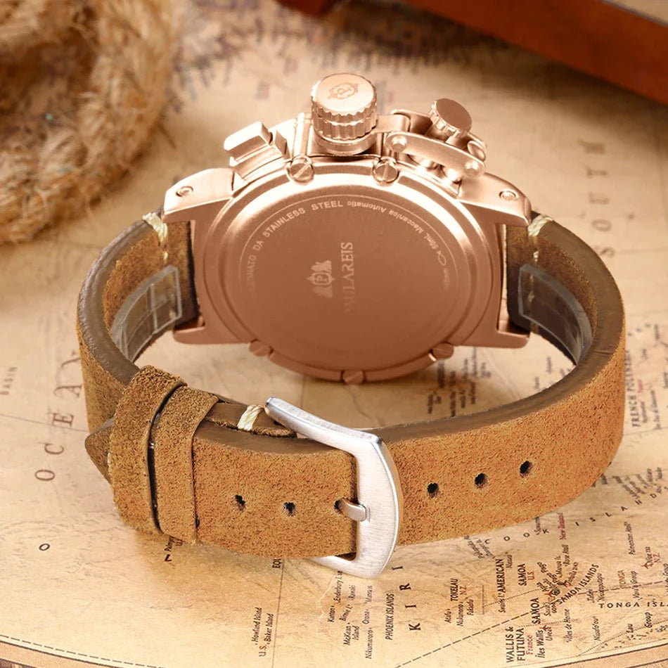 Automatic Watches for Men Mechanical Self Wind Genuine Leather Multifunction Date Boat Month Gold Bronze U Reloj Hombre Baratos