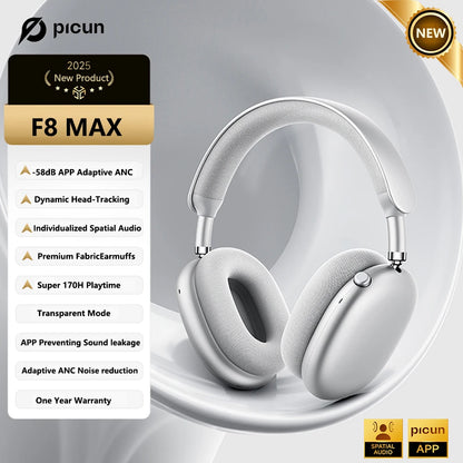 Cuffie wireless Picun F8MAX ANC, cancellazione attiva del rumore ibrida 59dB, audio spaziale, auricolari Bluetooth 6.0, headset over-ear 180H
