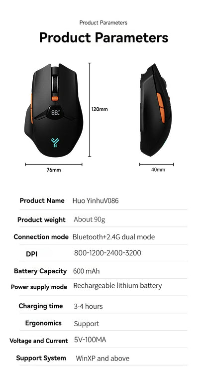 Rato sem fios 2.4G Bluetooth com ecrã de visualização, bateria de grande capacidade de 600mAh e botões de toque leve para gaming e escritório