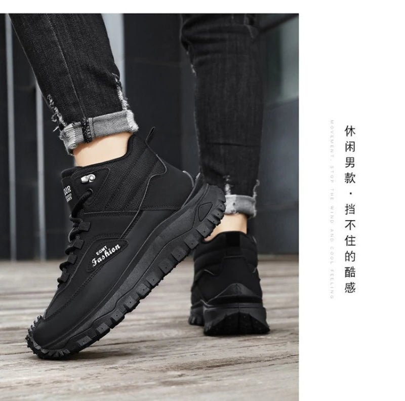 Men'S Black And White Mid Top Hiking Boots Waterproof Leather Platform Sneakers Non Slip Outdoor Casual Shoes With Rugged Sole