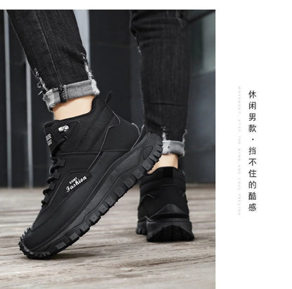 Men'S Black And White Mid Top Hiking Boots Waterproof Leather Platform Sneakers Non Slip Outdoor Casual Shoes With Rugged Sole