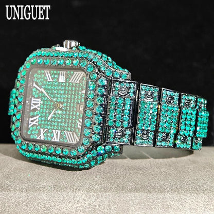 UNIGUET Cool Men's Watch Luxury Stainless Steel Quartz Watch Hip Hop Black Diamond Square Design Fashion Iced Wristwatch for Men