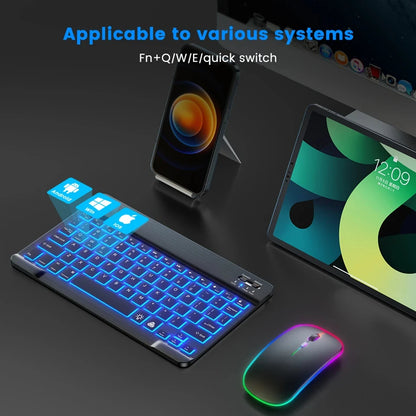 Mini Backlit RGB 10-inch Bluetooth Keyboard Wireless Mouse Rechargeable for Spanish Russian Hebrew Korean French Arabic Portuguese