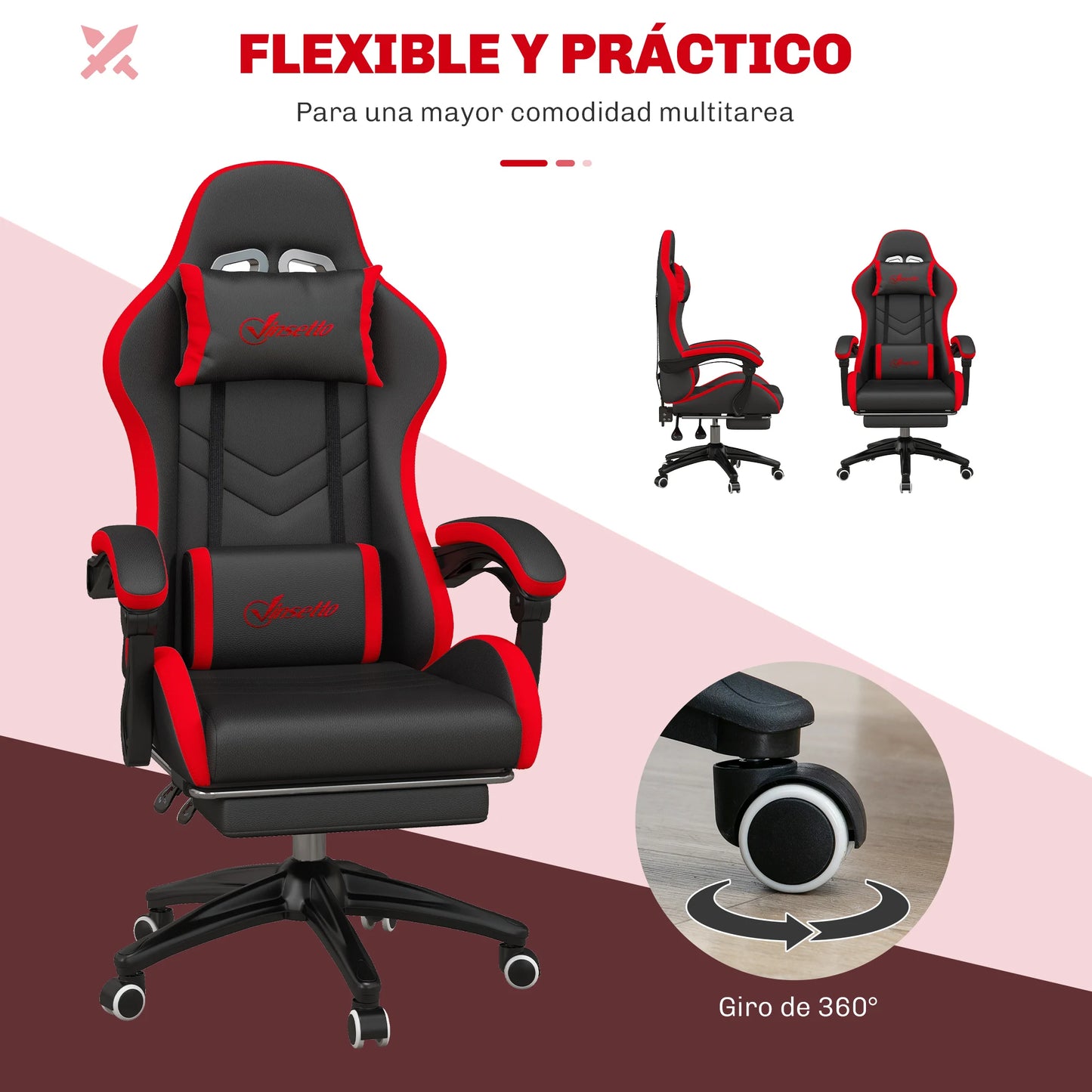 Vinsetto Ergonomic Reclining Gaming Chair 135°, PU Leather Racing Gamer Chair with Lumbar Support, Adjustable Height, Headrest and Retractable Footrest, for Office, Study, Black and Red