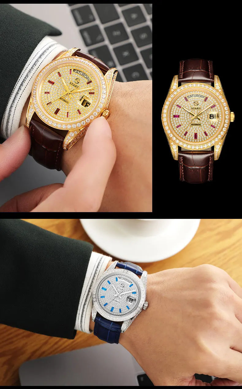 【START】Gypsophila Men's Watch Official Authentic Diamond Watch Waterproof Automatic Mechanical Watch Date Week Function