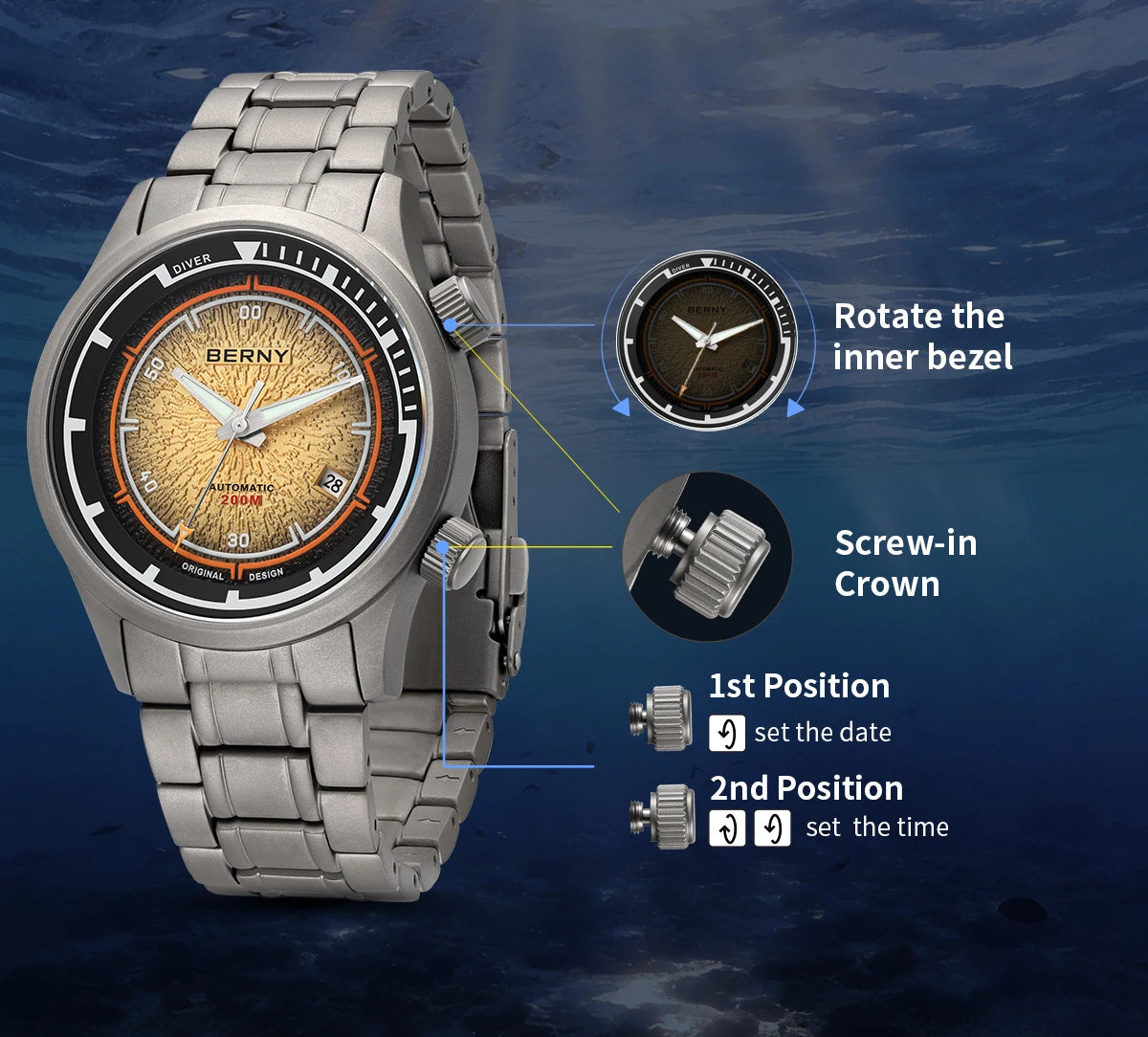 BERNY Titanium Diver Watches for Men 20ATM Super Luminous Automatic Mechanical Men's Dive Watch Sapphire Swim Diving Wristwatch