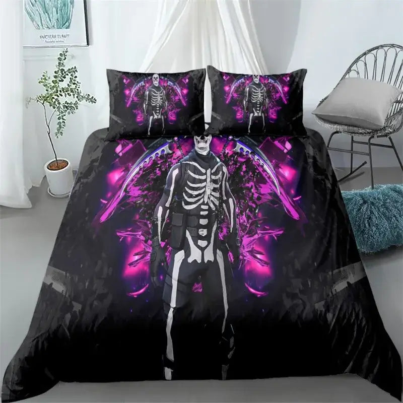 Set de lenjerie de pat Fortnite, 3 piese, imprimare 3D, lenjerii pentru dormitor, joc, desen animat, lenjerie decorativă, husă de pilotă, față de pernă, cadou de ziua de naștere