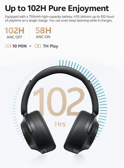 QCY H3S -56dB ANC adaptativo Auscultadores Bluetooth 6.0 circum-aurais – Headset sem fios Hi-Res LDAC, bateria de 102H, som espacial Dual Driver