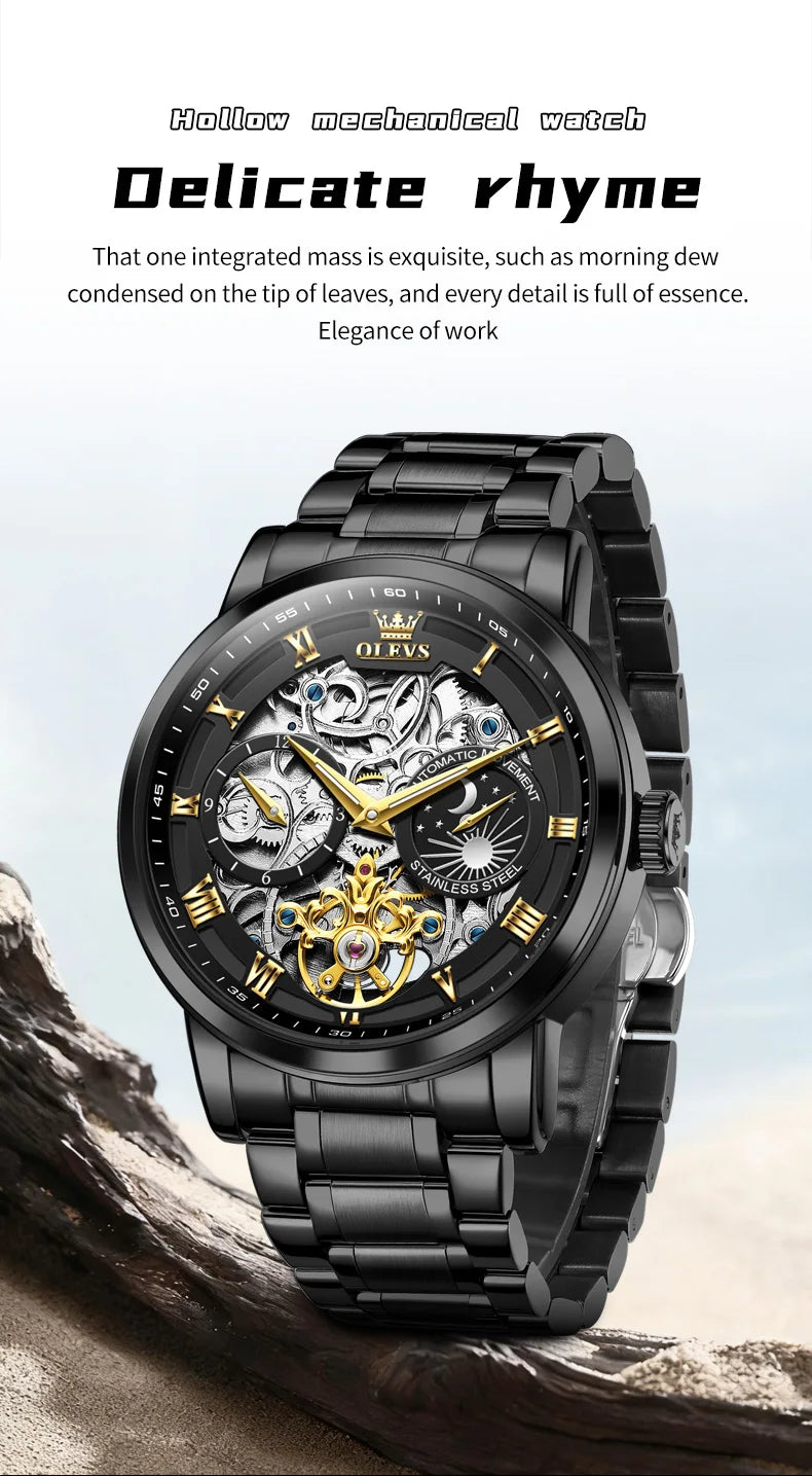 OLEVS 6670 Mens Watch Luxury Brand Skeleton Mechanical Watch Moon Phase Stainless Steel Watches For Man Gifts Box High Quality