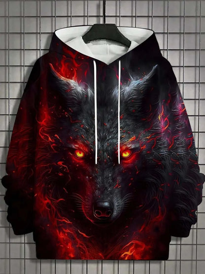 Camisola desportiva com capuz para homem, moda outono 2025, macia e confortável, com estampado de lobo, para exterior e estilo urbano