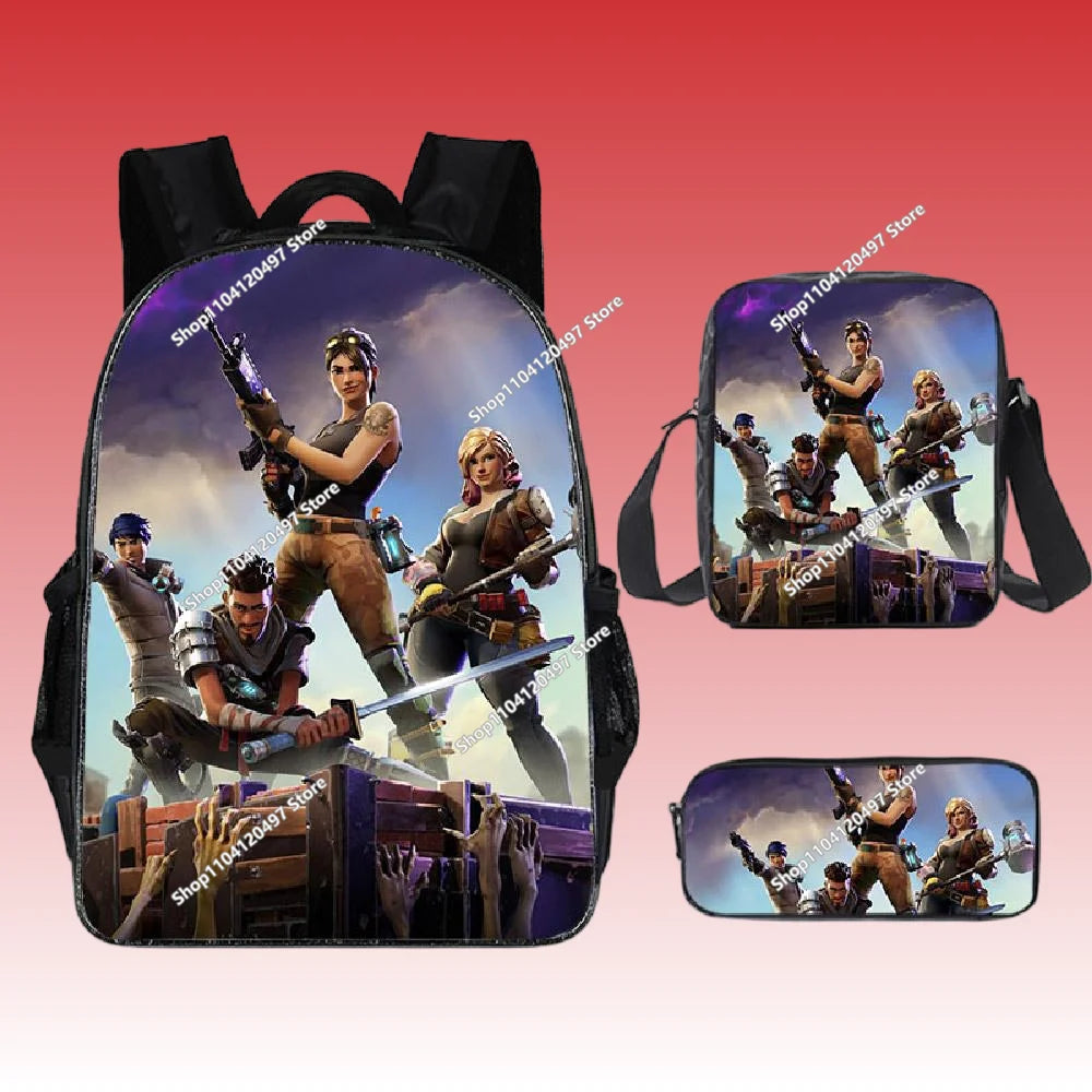 3pcs/set Mochila Fortnite de grande capacidade para estudante, estilo anime e cartoon, estojo, lancheira kawaii, presentes de aniversário