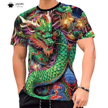 T-shirts för herr med drakmönster, kortärmad T-shirt, trendig streetwear-topp med O-ringning, djurmönster i 3D-tryck, lös och mångsidig herrklädsel