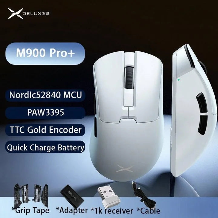 Rato Gaming Sem Fios Delux M900PRO Versão Ultraleve Ergonómico 1K/8K Polling Rate 50g PAW3395 para Destro com Mão Grande PC Gamer