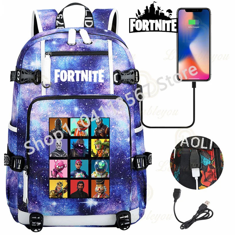 Mochila Red Jade F-Fortnited Battle Royale com carregamento USB, figuras anime e compartimento para material escolar para estudantes